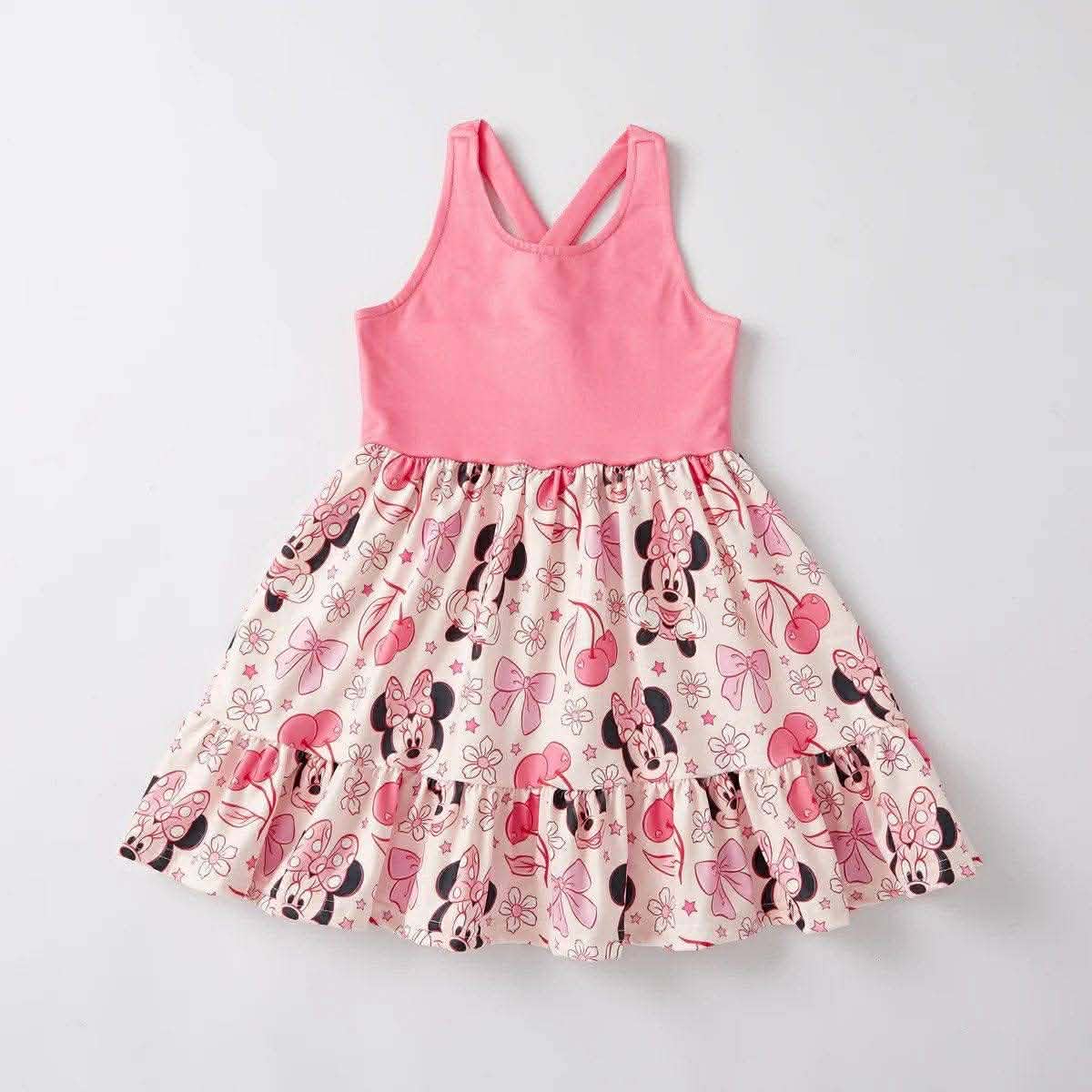 (Custom Design Preorder MOQ 5) Cartoon Mouse Pink Flowers Print Girls Summer Dress