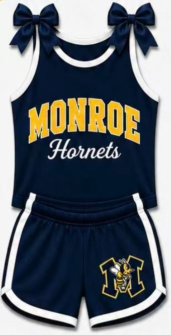 (Custom Design Preorder MOQ 5) Girls MonroeBow Strap Tank & Navy Shorts Sport Team Outfit