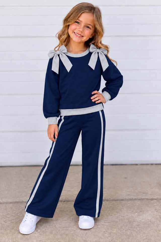 (Custom Design Preorder MOQ 5) Teams Navy Cotton Blank Grey Bows Top Pockets Pants Girls Clothes Set