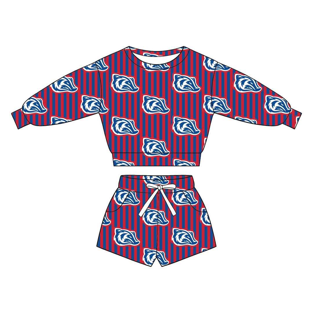 (Custom Design Preorder MOQ 5) Teams Arkadelphia Badgers Stripes Long Sleeve Top Pockets Shorts Mommy and Me Outfits