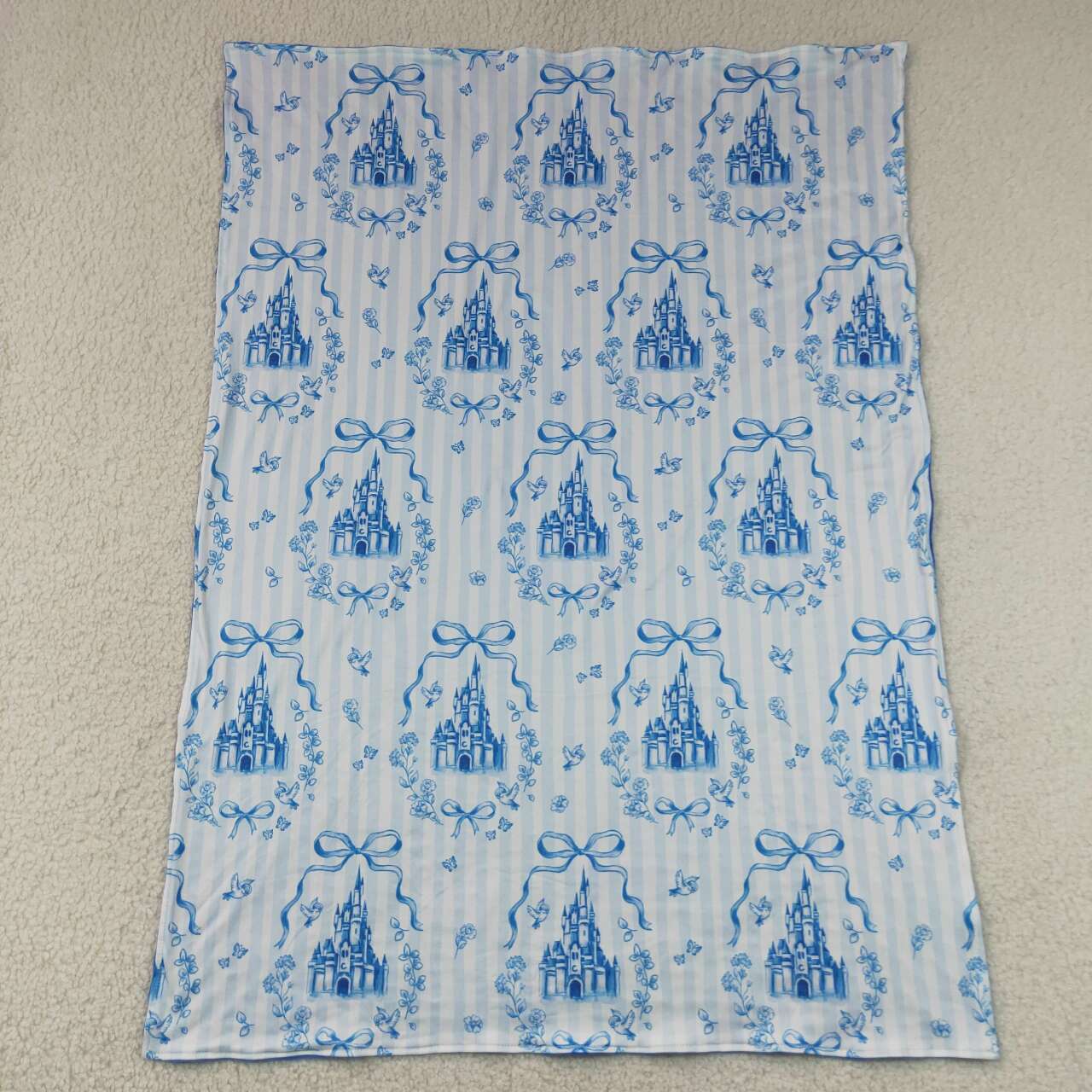 BL0247 Castle Flowers Stripes Blue Print Baby Girls Blanket