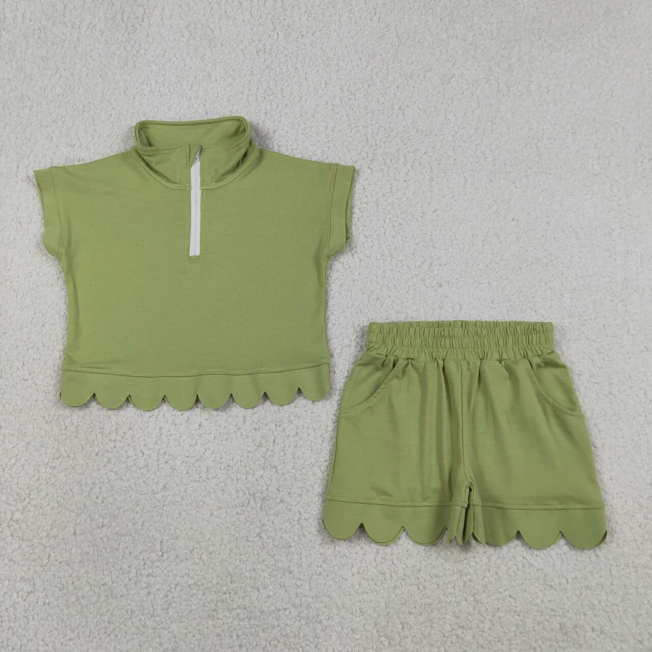 Green Cotton Zipper Top Pockets Shorts Girls Summer Scallop Clothes Set