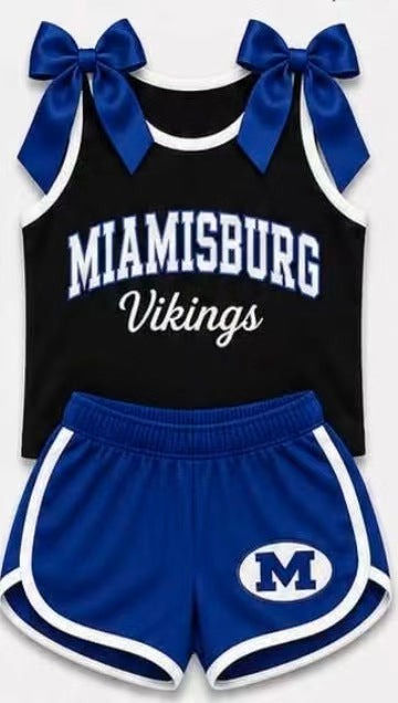 (Custom Design Preorder MOQ 5) Girls Miamisburg Bow Strap Tank & Blue Shorts Sport Team Outfit
