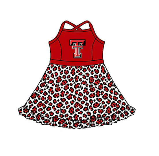 (Custom Preorder MOQ 5) Baby Girls Strap Leopard TT Team Knee Length Dress