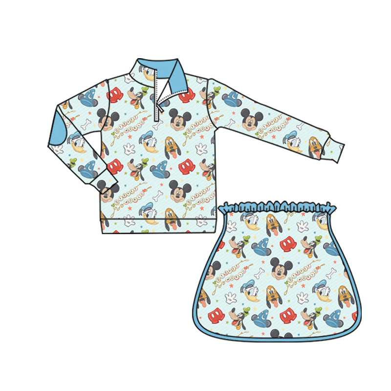 (Custom Design Preorder MOQ 5) Cartoon Princess Mouse Blue Zipper Pullover Top Skort Girls Clothes Set