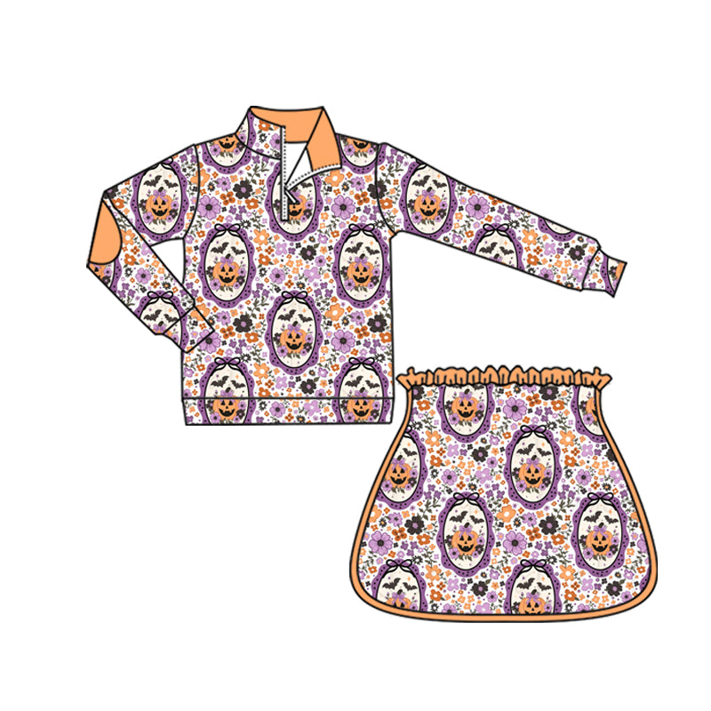 (Custom Design Preorder MOQ 5) Pumpkin Flowers Bows Zipper Pullover Top Skort Girls Halloween Clothes Set