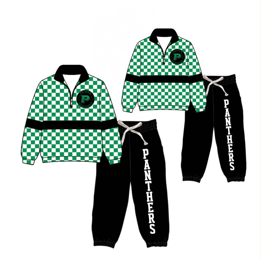 (Custom Design Preorder MOQ 5) Teams PANTHERS Print Kids & Adult Long Sleeve Zipper Top Joggers Pants Clothes Set