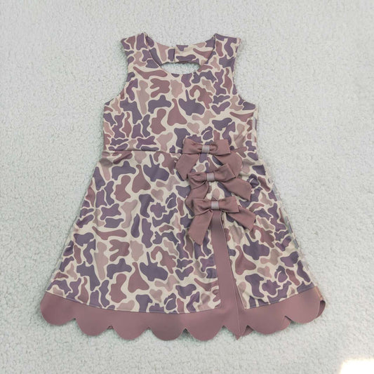 GSD4227 Brown Camo Girls Sleeveless Scallop Bows Yoga Knee Length Dress