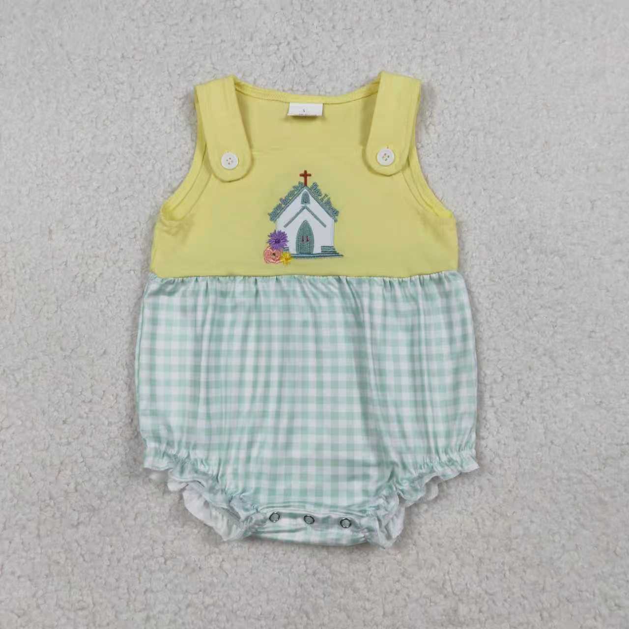 Sibling Baby Kids Embroidery Church Cross Top Checked Shorts Clothes Set Rompers