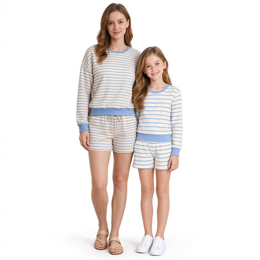 Mommy and Me Blue Striped Long Sleeve Top with Shorts Active Outfit