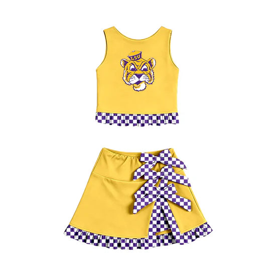 (Custom Preorder MOQ 5) LSU Tiger Vest Bows Ruffle Skirt Team Outfit