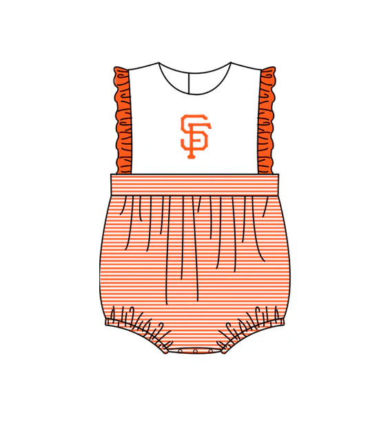 (Custom Preorder MOQ 5) Baby Girls Sleeveless Orange Stripe SF Team Rompers