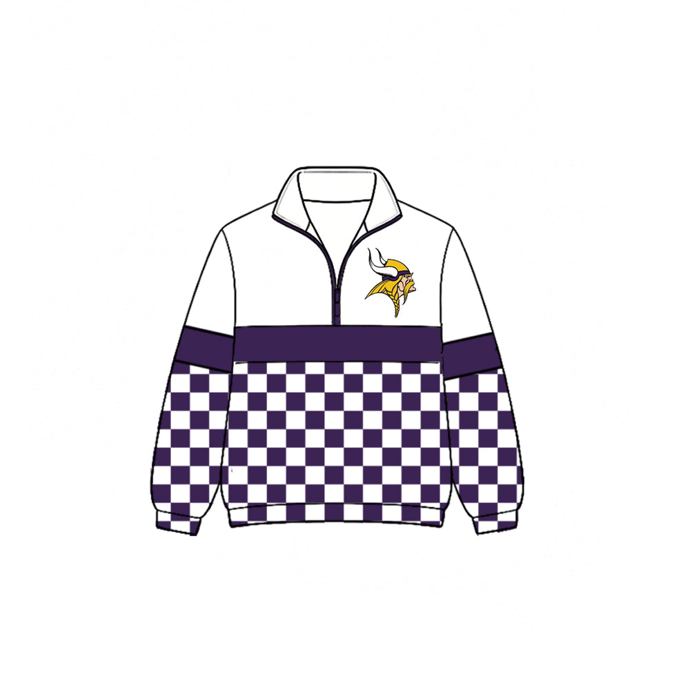 (Custom Design Preorder MOQ 5) Teams Vikings Plaid Print Kids & Adult Long Sleeve Zipper Pullover Jacket