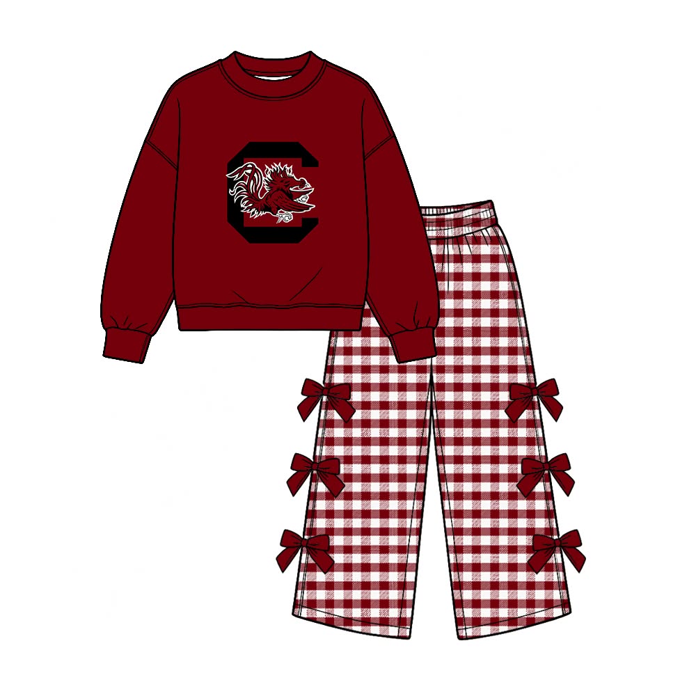Preorder( 5 MOQ) Baby Girls Sport Team Gamecocks Long Sleeve Top Gingham Pants Outfit