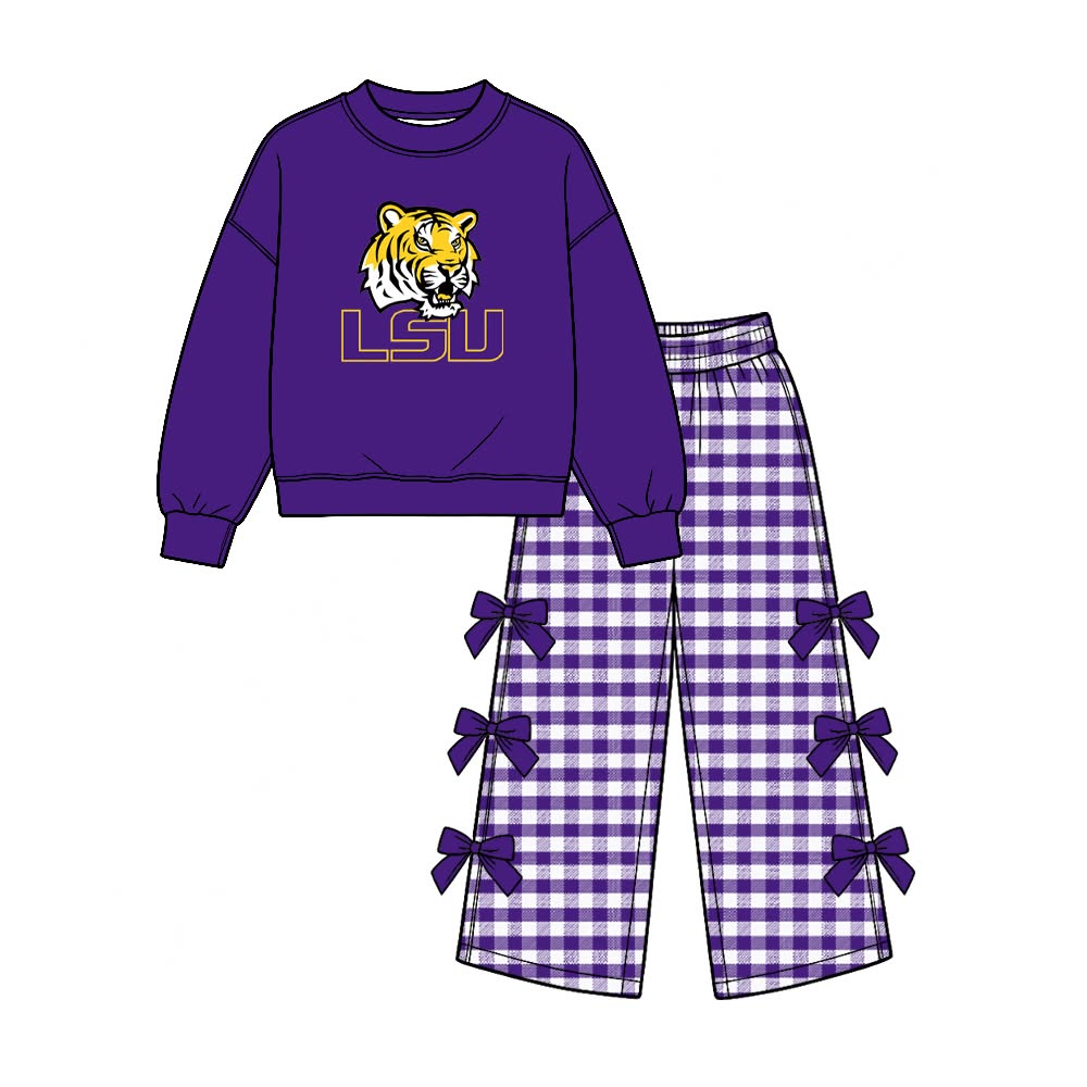 Preorder( 5 MOQ) Baby Girls Sport Team LSU Long Sleeve Top Gingham Pants Outfit