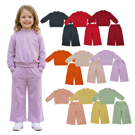 10 Colors Cotton Mock Neck Long Sleeve Top Straight Pockets Pants Girls Fall Clothes Set Sisters Wear