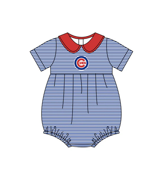 (Custom Preorder MOQ 5) Baby Girls Short Sleeve Stripe Cubs Team Bubble Rompers
