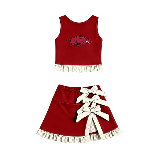 (Custom Preorder MOQ 5) Baby Girls Arkansas Vest Bows Ruffle Skirt Team Outfit