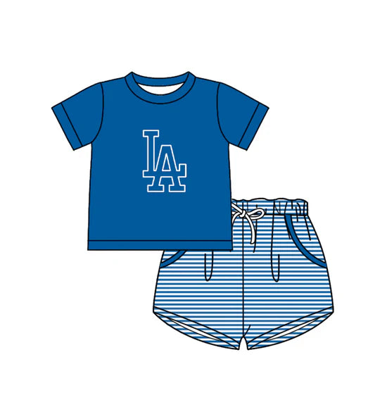 (Custom Preorder MOQ 5) Baby Boys Blue LA Top Pockets Stripe Short Team Clothes Set