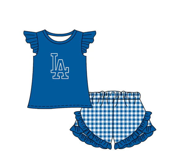 (Custom Preorder MOQ 5) Baby Girls Blue LA Top Checked Ruffle Short Team Clothes Set