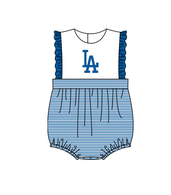 (Custom Preorder MOQ 5) Baby Girls Sleeveless Blue Stripe LA Team Ruffle Rompers
