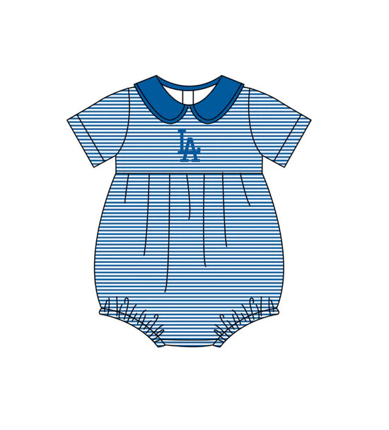 (Custom Preorder MOQ 5) Baby Girls Short Sleeve Blue Stripe LA Team Ruffle Rompers