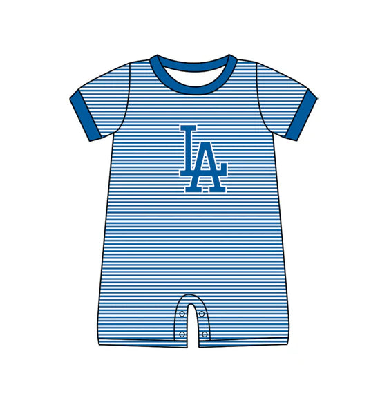 (Custom Preorder MOQ 5) Baby Boys Short Sleeve Blue Stripe LA Team Rompers