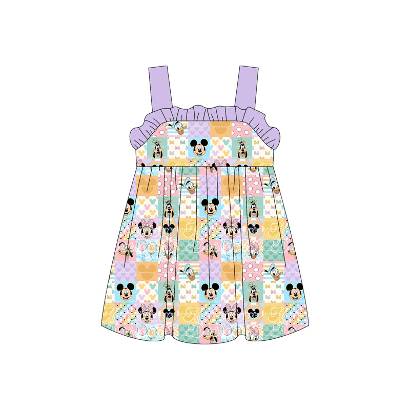 (Custom Design Preorder MOQ 5) Colorful Plaid Cartoon Mouse Print Girls Summer Strap Dress