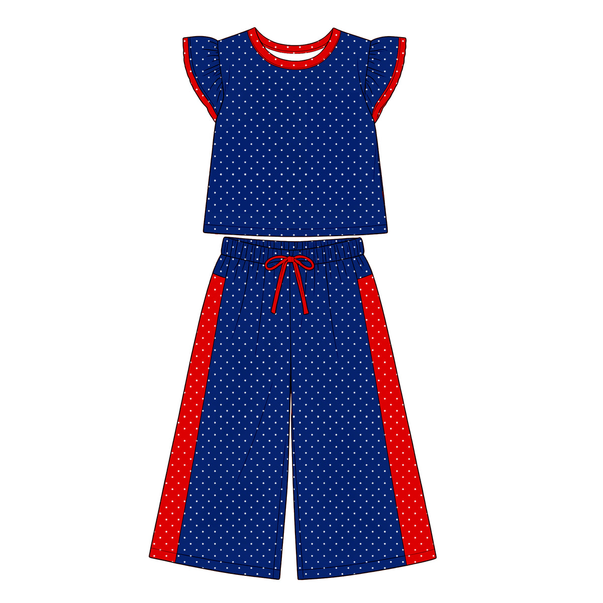 (Custom Design Preorder MOQ 5) Teams Royal Blue Red Polka Dot Ruffle Sleeve Top with Wide Pants Outfit