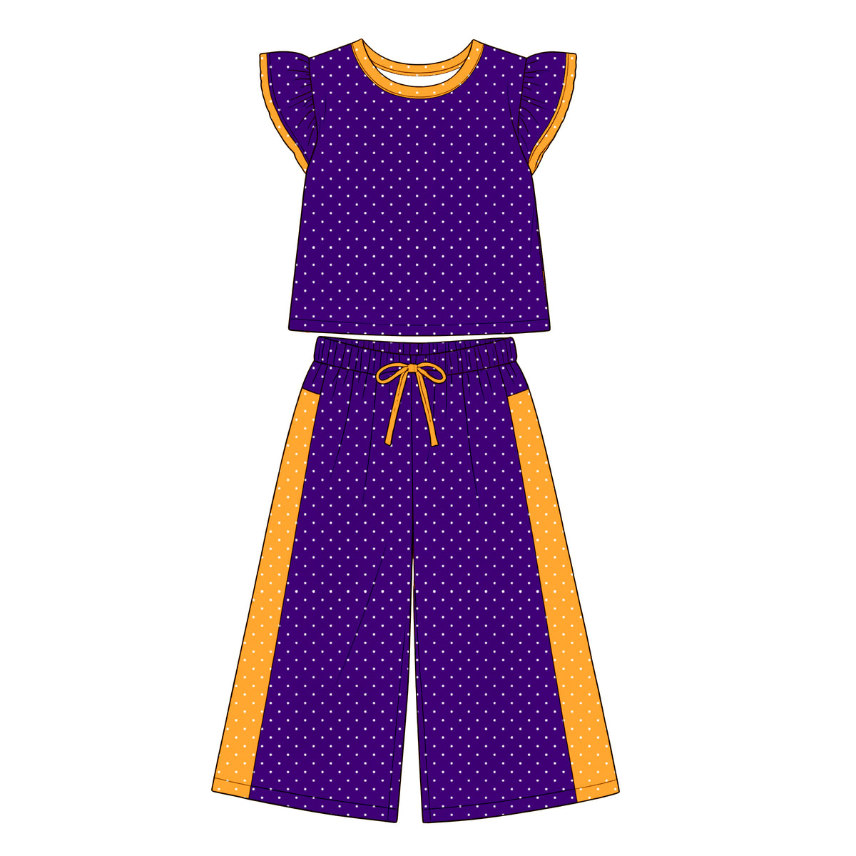 (Custom Design Preorder MOQ 5) Teams Purple Polka Ruffle Sleeve Top with Wide Pants Outfit