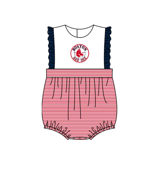 (Custom Preorder MOQ 5) Baby Girls Sleeveless Boston Red Sox Team Ruffle Rompers