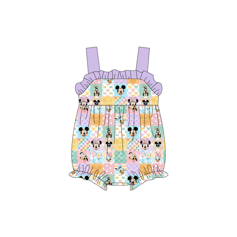 (Custom Design Preorder MOQ 5 ) Colorful Plaid Cartoon Mouse Print Baby Girls Strap Summer Romper