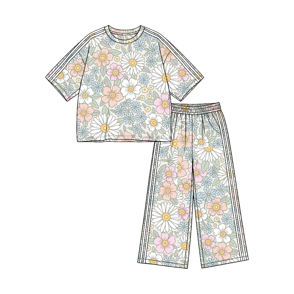 (Custom Design Preorder MOQ 5) Colorful Flowers Print Straight Pockets Pants Girls Clothes Set