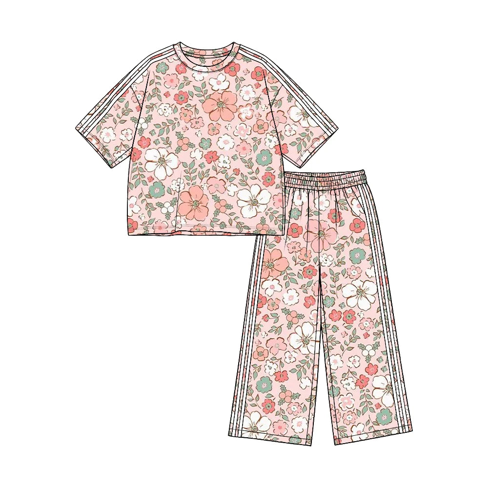 (Custom Design Preorder MOQ 5) Pink Flowers Print Straight Pockets Pants Girls Clothes Set