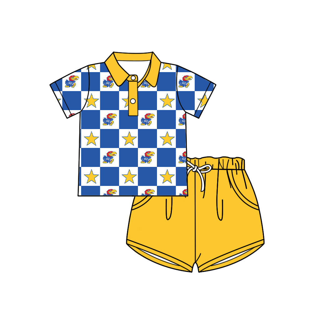 (Custom Design Preorder MOQ 5 Each Item) Teams Kansas Jayhawks Bows Blue Plaid Print Kids Clothes Sibling & Family Matching Styles