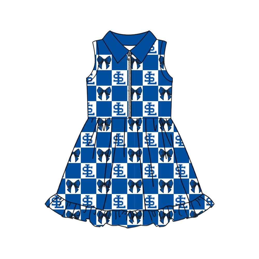 (Custom Design Preorder MOQ 5) Baby Girls Blue Bows SL Checked Zip Team Ruffle Knee Length Dresses