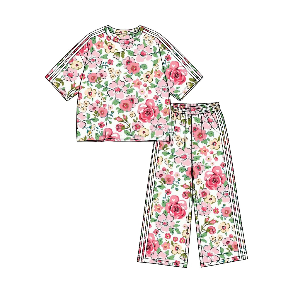 (Custom Design Preorder MOQ 5) Pink Flowers Print Straight Pockets Pants Girls Clothes Set