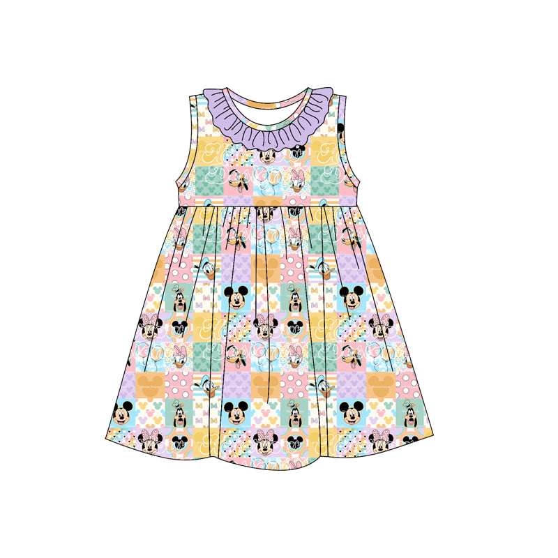 (Custom Design Preorder MOQ 5) Colorful Plaid Cartoon Mouse Print Girls Summer Sleeveless Dress