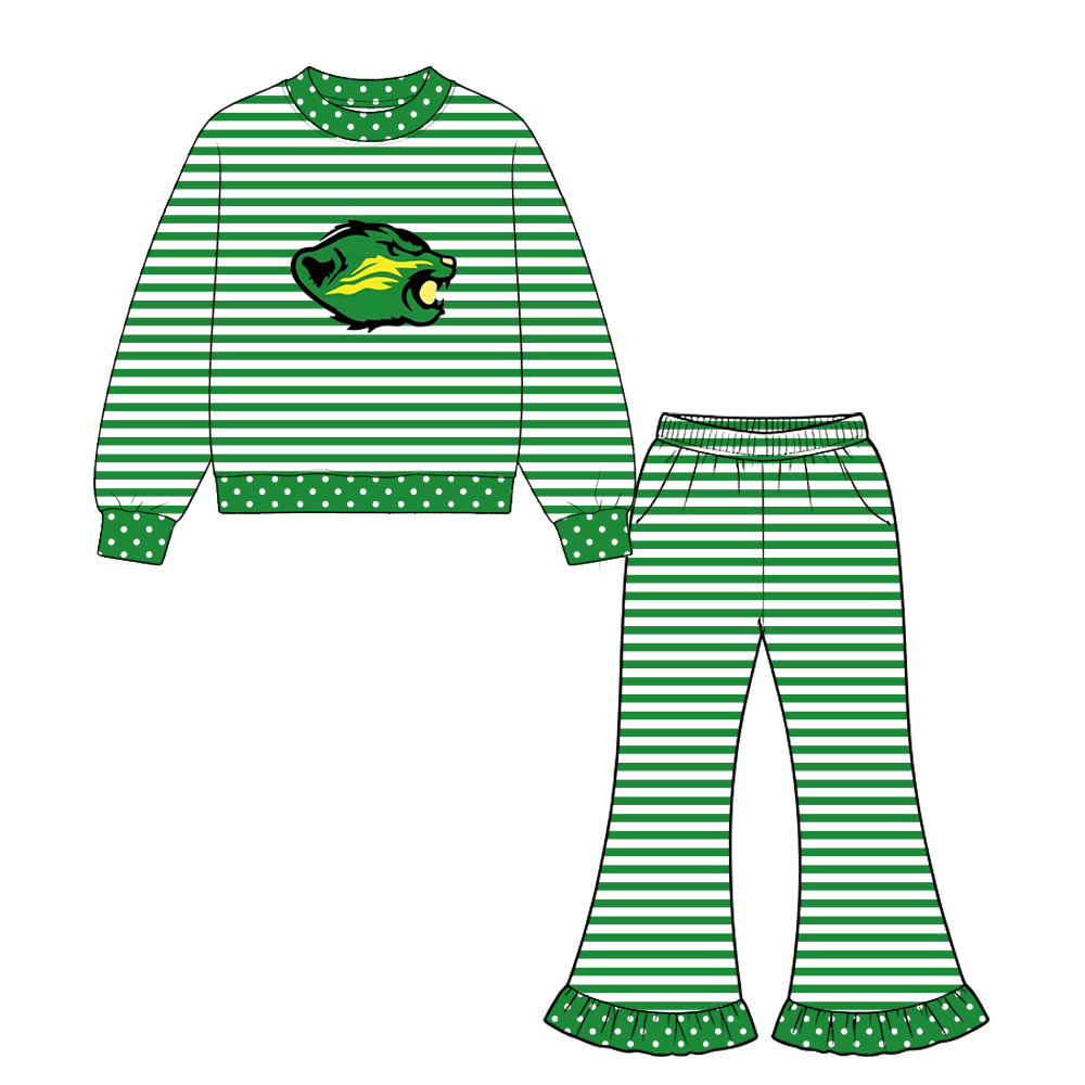 Preorder( 5 MOQ) Baby Girls Sport Team Green Striped Long Sleeve Top Bell Bottom Pantso Outfit