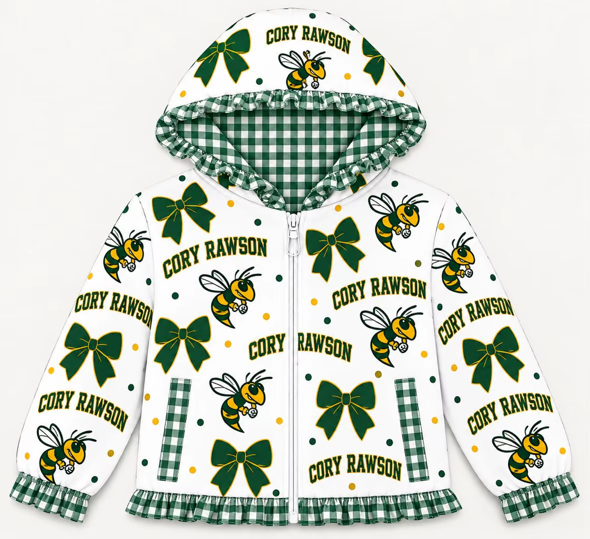 (Custom Design Preorder MOQ 5) Teams Cory Rawson Bows Stars Print Girls Pockets Zipper Ruffle Hoodie Jacket Top