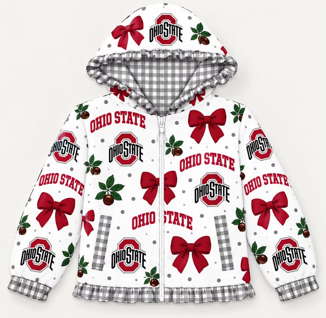 (Custom Design Preorder MOQ 5) Teams Ohio State Bows Stars Print Girls Pockets Zipper Ruffle Hoodie Jacket