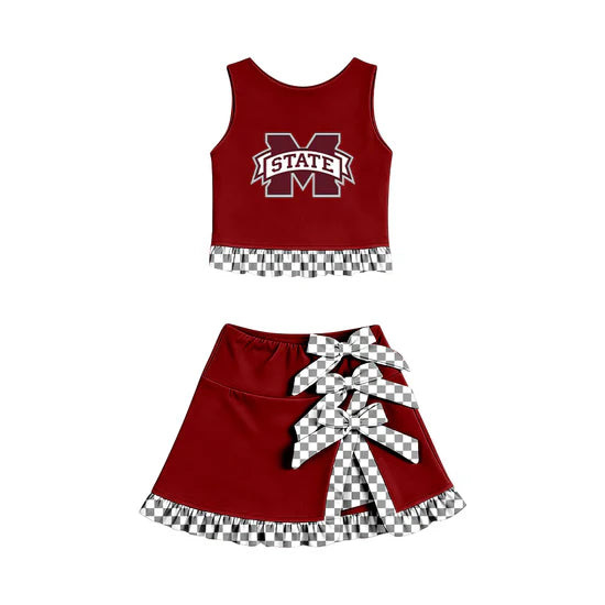 (Custom Preorder MOQ 5) Baby Girls M State Vest Bows Ruffle Skirt Team Outfit