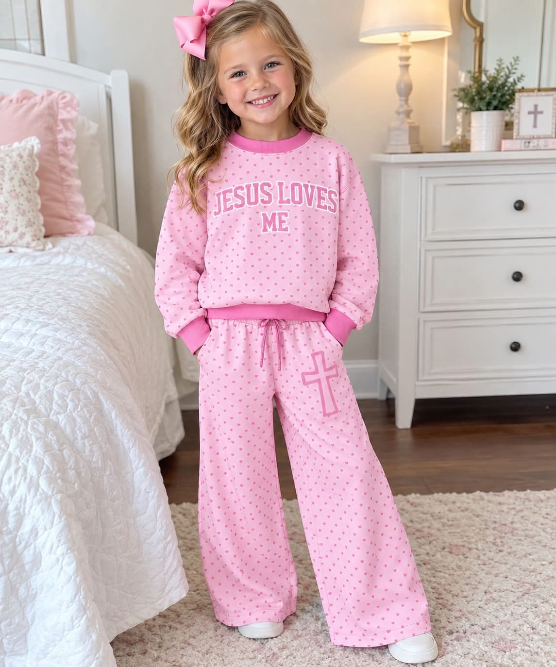 Preorder( 5 MOQ) Baby Girls Jesus Love Me Pink Polka Dot Outfit