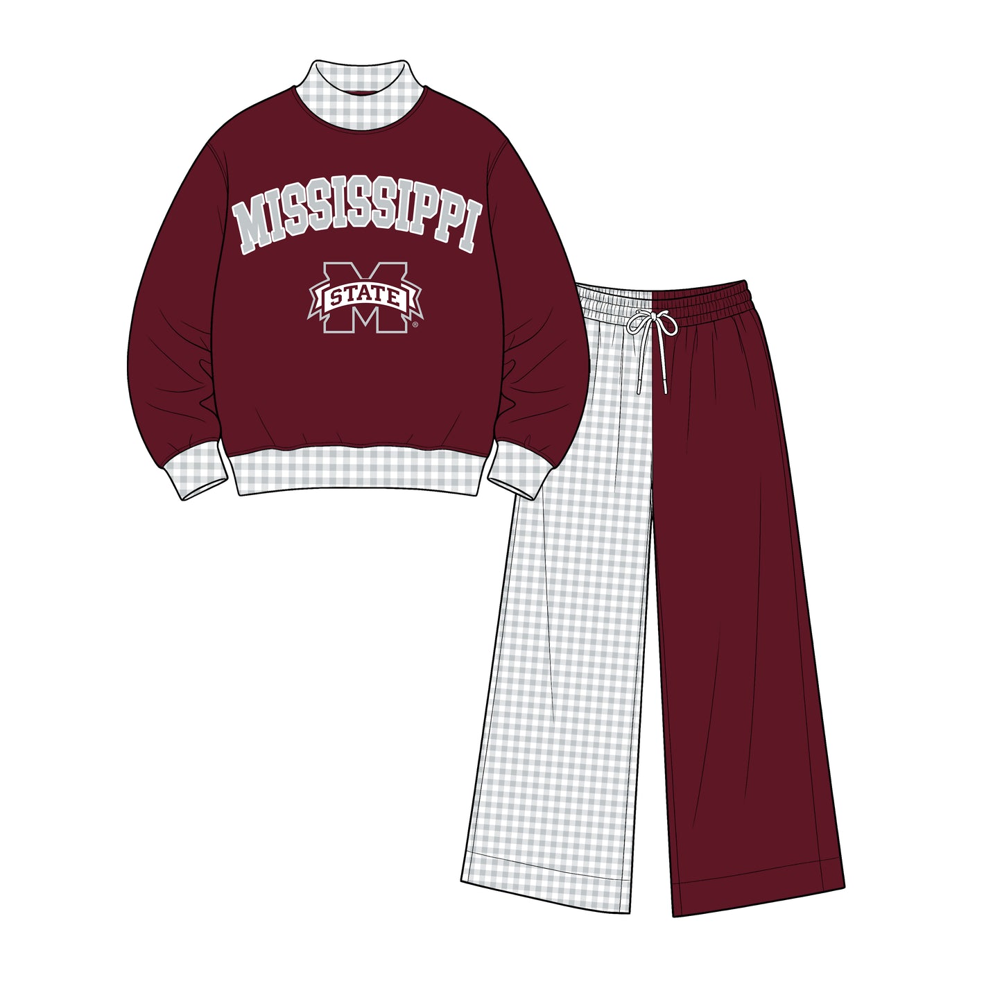 (Custom Design Preorder MOQ 5) Mississippi Mock Neck Top with Patch Wide Leg Sport Team Set