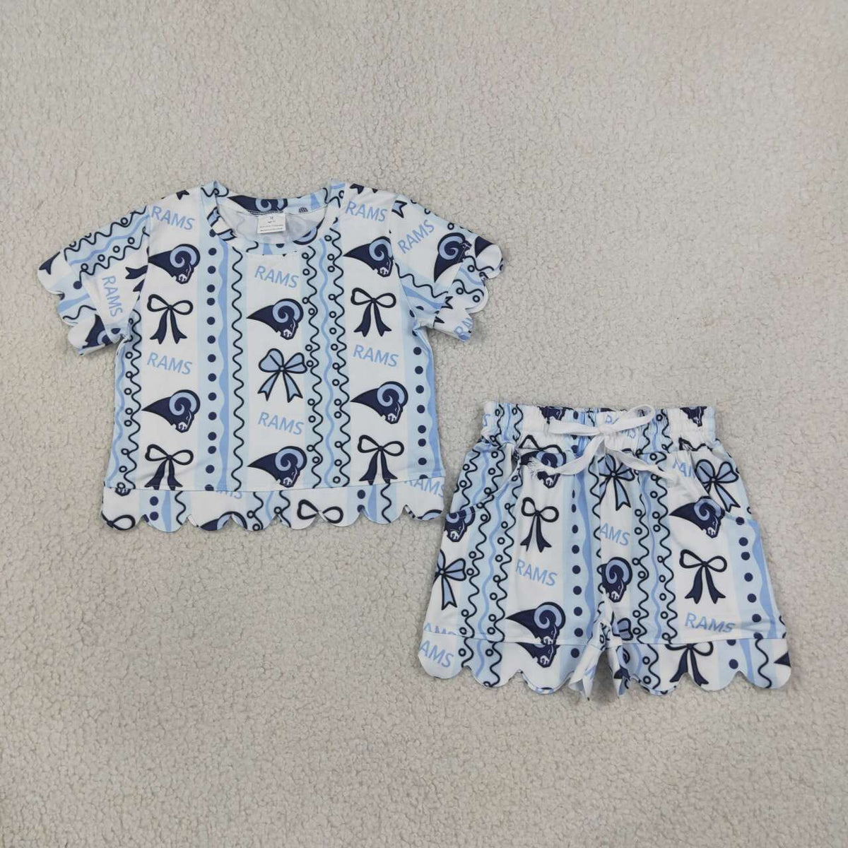 Sport Team RAMS Bows Print Girls Summer Scallop Clothes Set