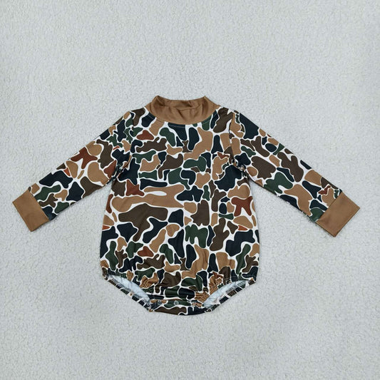 LR3261 Brown Camo Baby Mock Neck Long Sleeve Bubble Romper