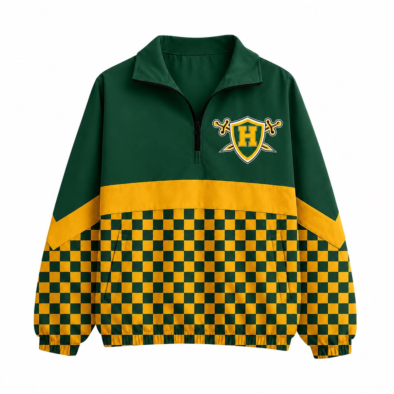 (Custom Design Preorder MOQ 5) H Green Yellow Checked Print Girls & Women Sports Team Long Sleeve Zipper Pullover Jacket