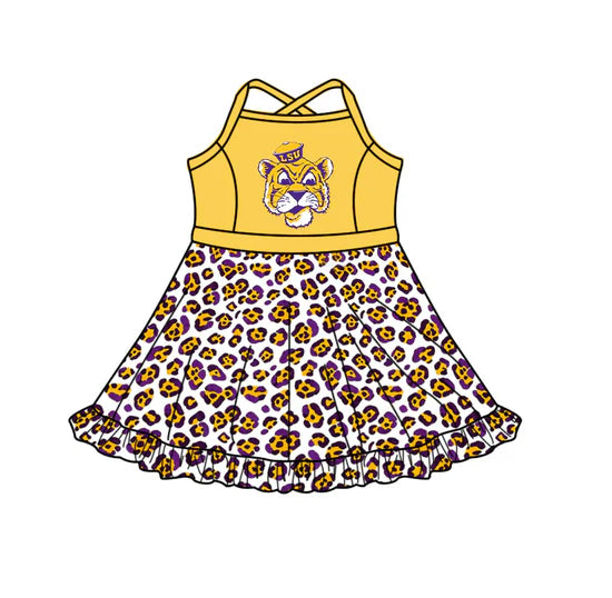 (Custom Preorder MOQ 5) Baby Girls Strap Leopard LSUTigers Team Knee Length Dress