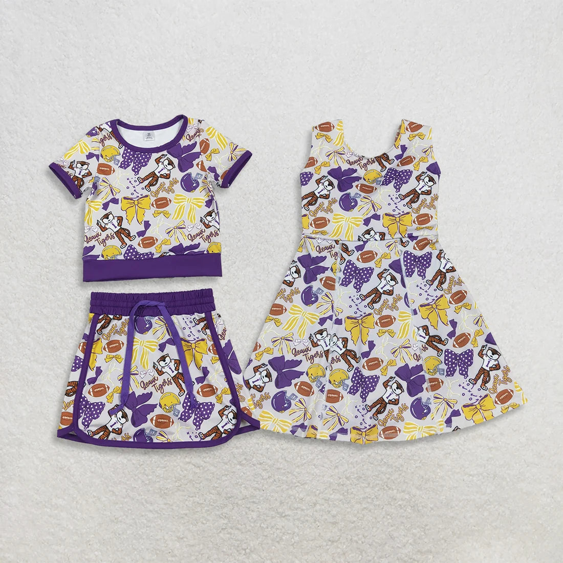 Sibling Baby Girls LSU Purple Bow Sport Team Active Skort Outfit and Dress