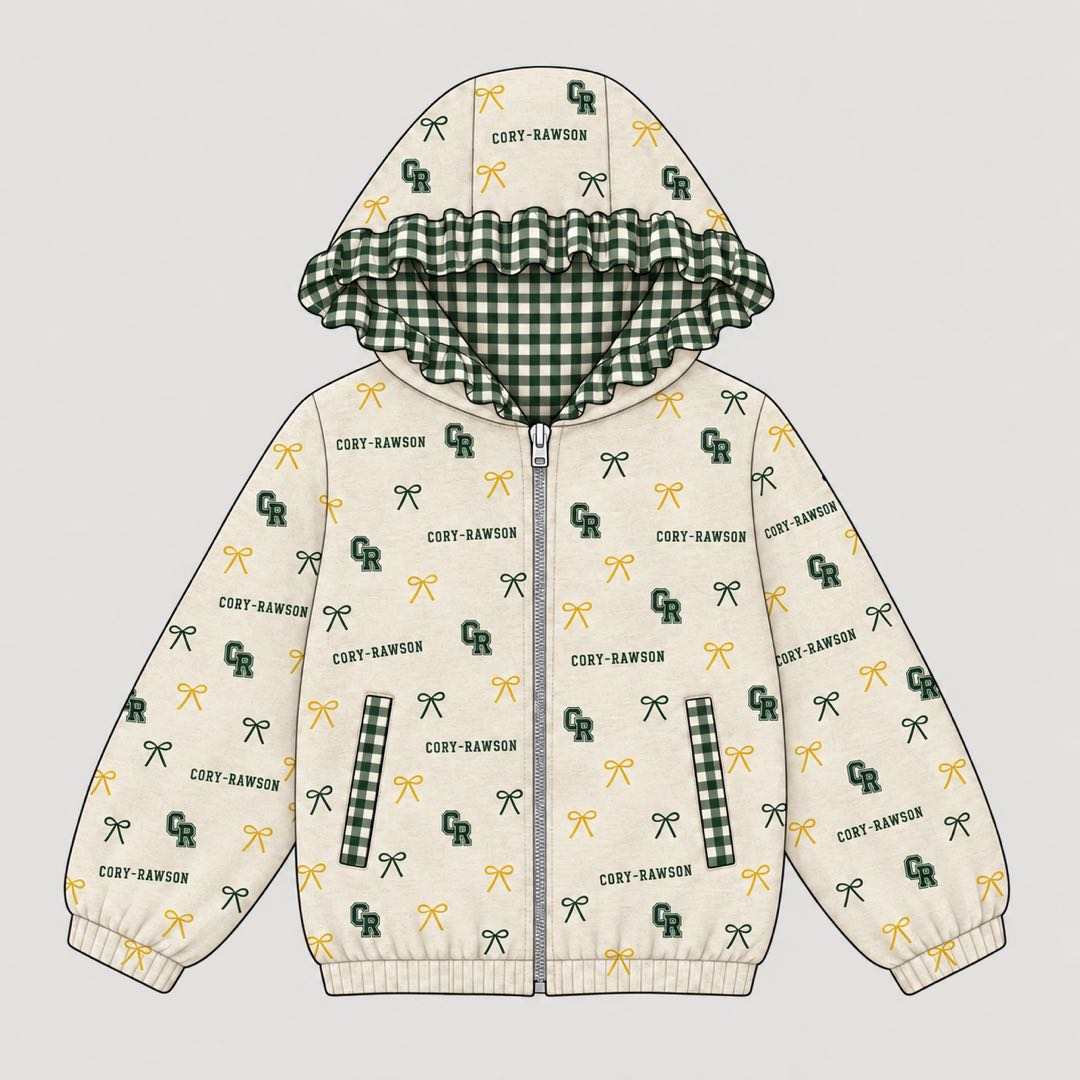 (Custom Design Preorder MOQ 5) Teams Cory Rawson Bows Print Girls Pockets Zipper Ruffle Hoodie Jacket Top